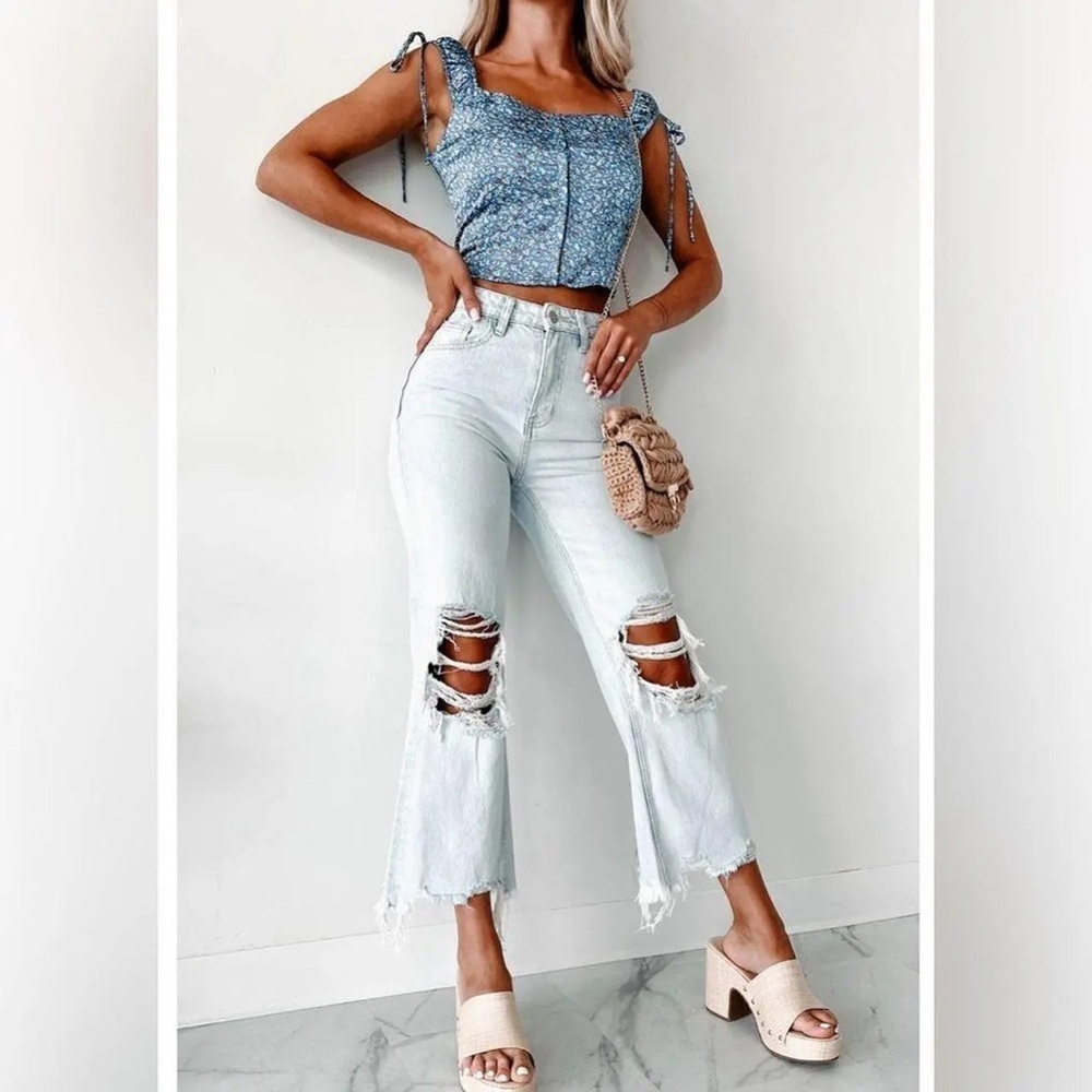 NWT Vervet 90s vintage flare light wash crop distressed raw hem jeans 29 - Picture 3 of 13